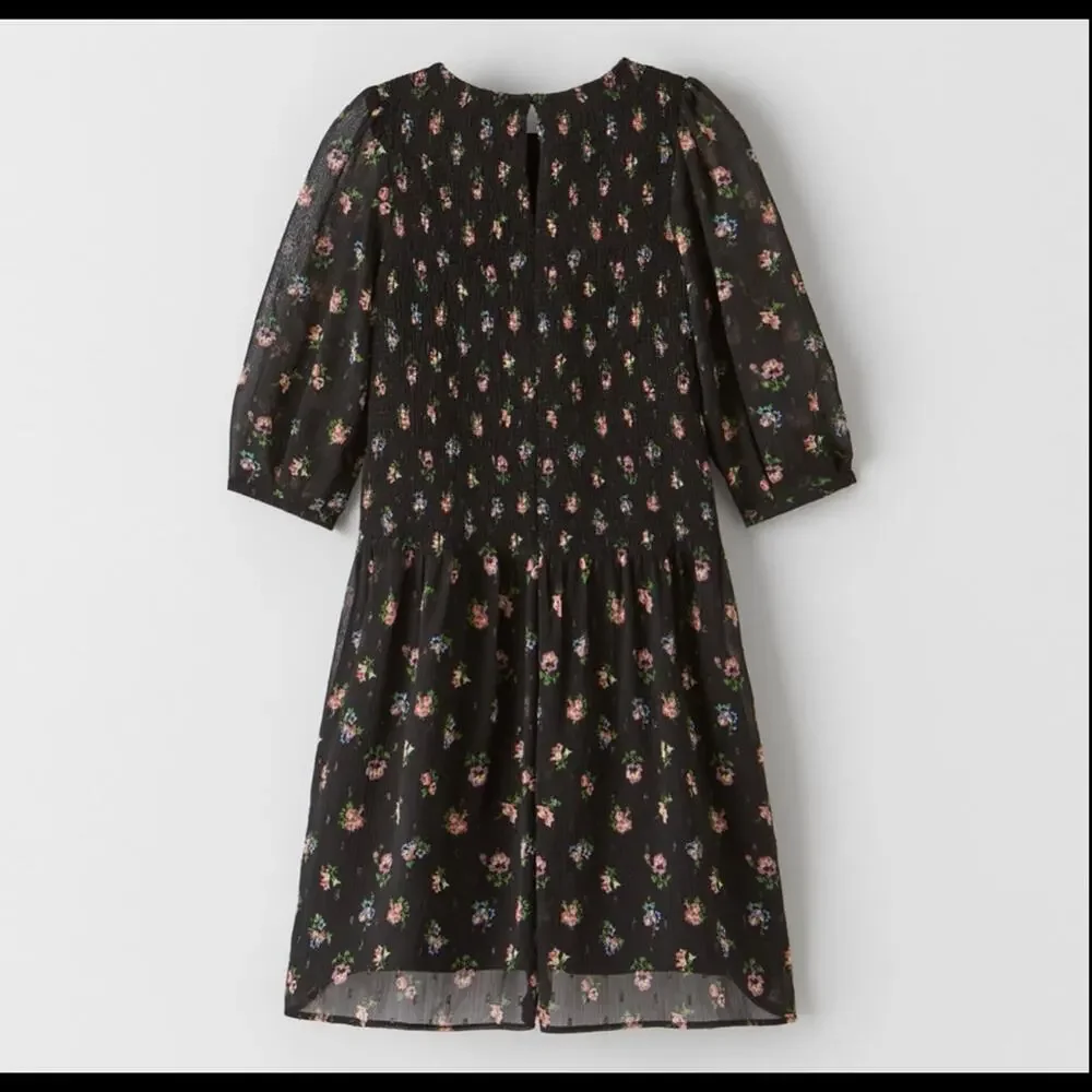 Zara Girls Smocked Black Floral Tulle Dress - Size 11/12